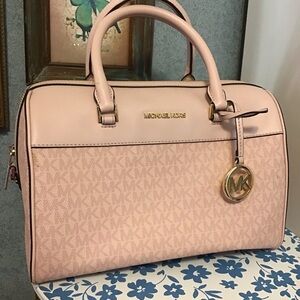 Michael kors pink monogram mk logo barrel satchel
